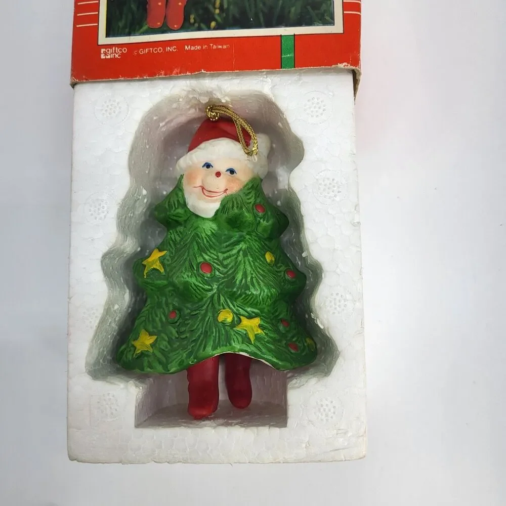 Vintage 1986 Giftco Cheery Chimes Porcelain Christmas Tree Elf Bell Ornament
